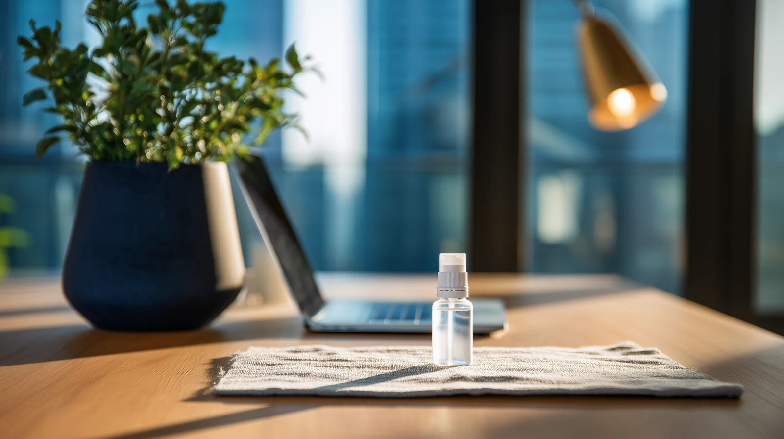 Bottle of eye drops on a desk, illustrating dry eye
