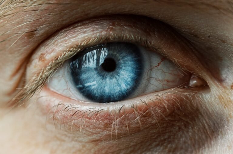 a close up of a person's blue eye